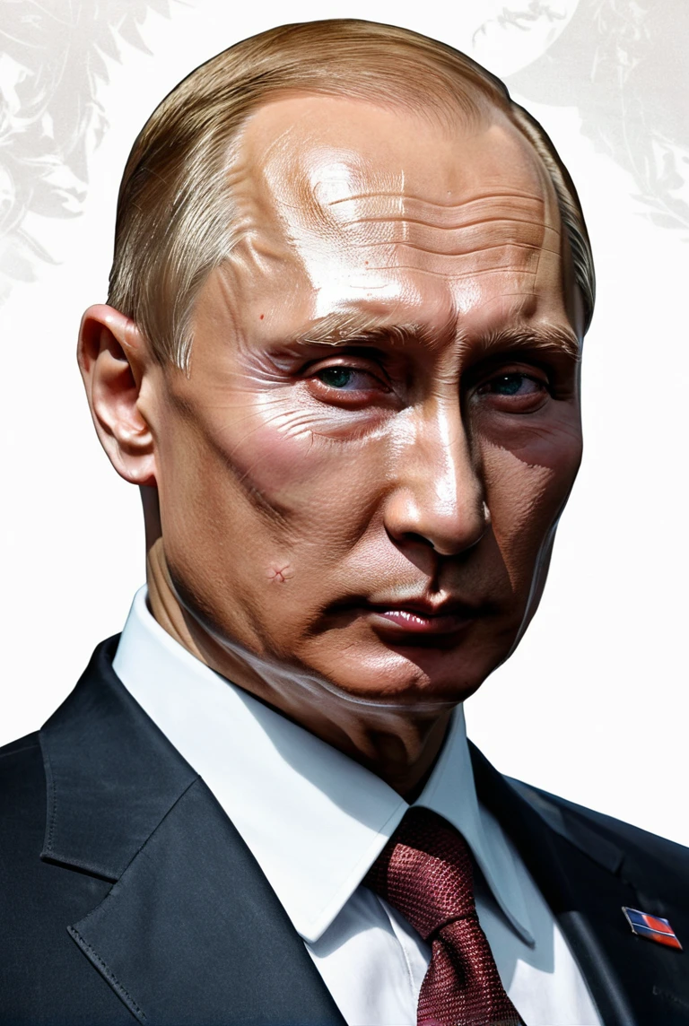 Valdimir Putin with clean background, in the style of magali villeneuve, luminescent color scheme, Dan mumford, captivating gaze, highly detailed figures, optical . Positive, zen, insightful, official, professional, confident, highly detailed