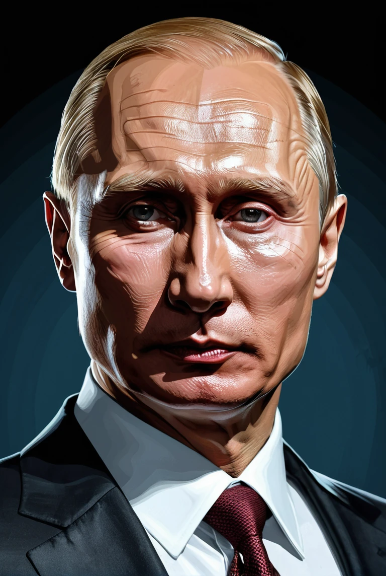 Valdimir Putin with clean background, in the style of magali villeneuve, luminescent color scheme, Dan mumford, captivating gaze, highly detailed figures, optical . Positive, zen, insightful, official, professional, confident, highly detailed