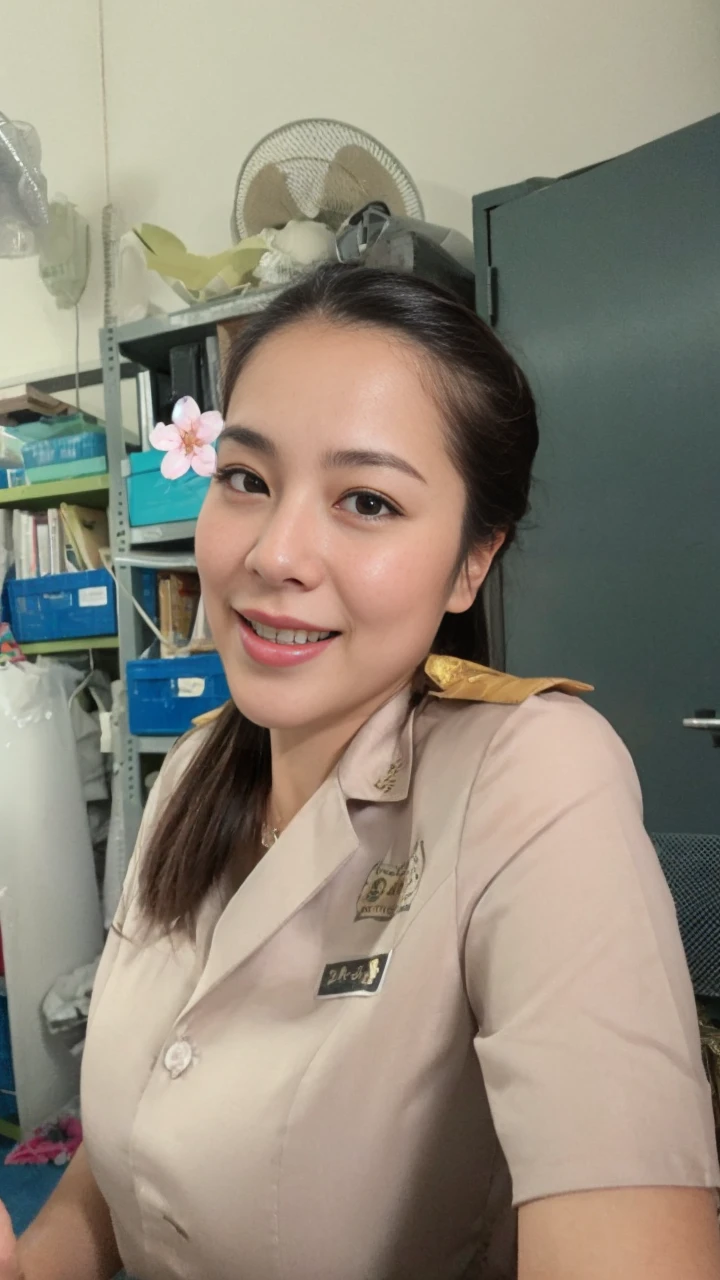 A japanese Lady,masutepiece, High quality, UHD 32K,Live-action adaptation,Muscular realistic face,gigantic breasts, Realistic skin feeling,39 years old,solo,muscular,shiny tight open business shirt,tight mini pleated skirt,viewer,squat,frontal photography,dark locker room,shiny and oily body,japanese teacher,spread your legs,smile