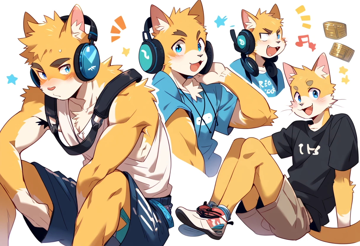 score_9, score_8_up, score_7_up, male, furry, high quality, hires, anthro, teenager, , domestic cat, bright yellow fur, blue eyes, wide brown eyebrows, an excited expression, humanoid feet, slim body, prominent v-line, prominent abs, prominent legs, prominent forearm, prominent knees, white background, treasure trail, armpit hair, furry legs, in various sexy poses, headphones, casual clothes, joggers, shorts, showing off, sitting, patting his legs