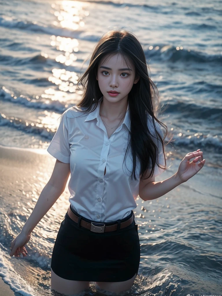 18s woman in thai university uniform, very beautiful, pretty, wet long straight hair, white wet plain short-sleeve button up shirt:1.4, black wet bra:1.3, black wet tight mini skirt:1.2, brown belt, masterpiece:1.2, high detail, realistic, cinematic scene, slim and perfect figure, perfect body proportions, 16k, portrait photo, dynamic pose, dynamic compositions, water, surrounded by heavy water:1.2, motion blur, long exposure, at sea shore, martial arts, blue light tone, water magic, (water element:1.2), water goddess, xuer martial arts, insane detailed on face, close up, water droplets on the skin:1.2, water drips all over her body:1.2, water droplet on her face:1.2, wet body:1.2, selective focus, shallow sea, opaque shirt:1.4