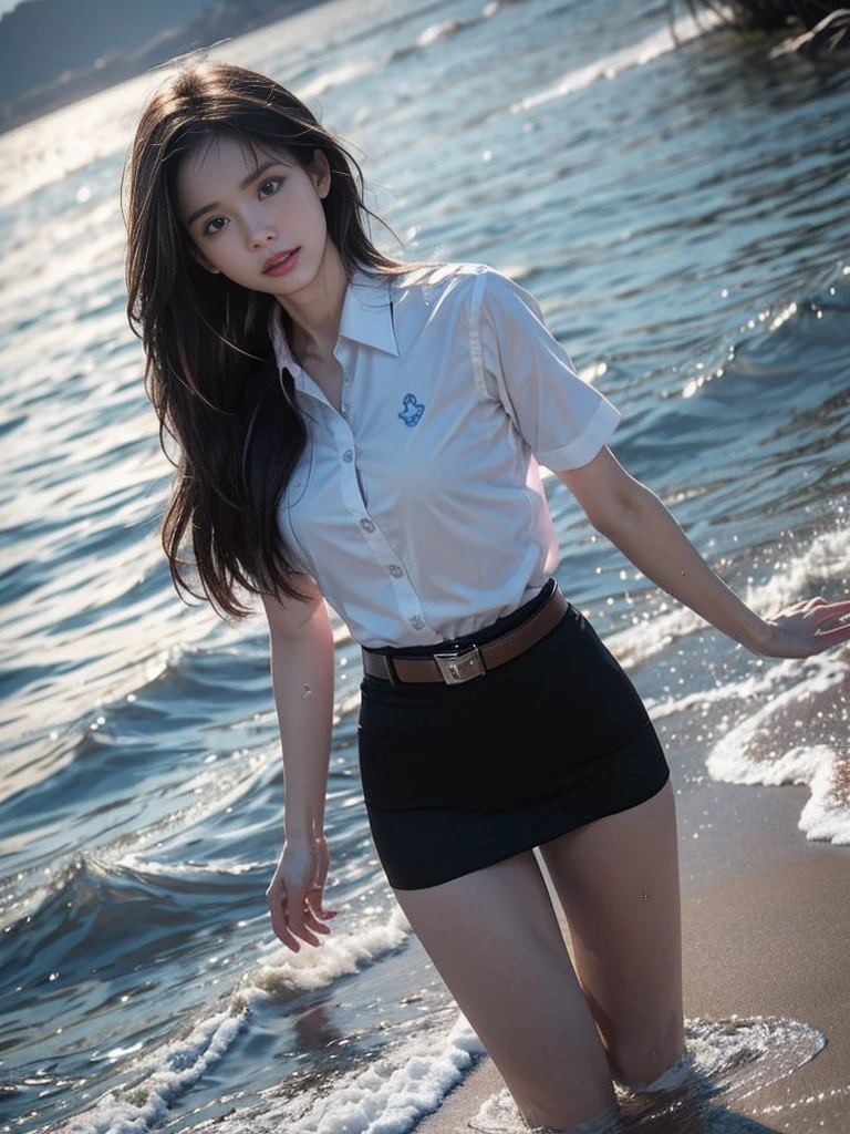 18s woman in thai university uniform, very beautiful, pretty, wet long straight hair, white wet plain short-sleeve button up shirt:1.4, black wet bra:1.3, black wet tight mini skirt:1.2, brown belt, masterpiece:1.2, high detail, realistic, cinematic scene, slim and perfect figure, perfect body proportions, 16k, portrait photo, dynamic pose, dynamic compositions, water, surrounded by heavy water:1.2, motion blur, long exposure, at sea shore, martial arts, blue light tone, water magic, (water element:1.2), water goddess, xuer martial arts, insane detailed on face, close up, water droplets on the skin:1.2, water drips all over her body:1.2, water droplet on her face:1.2, wet body:1.2, selective focus, shallow sea, opaque shirt:1.4