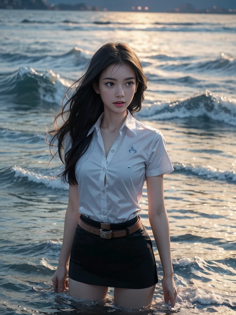 18s woman in thai university uniform, very beautiful, pretty, wet long straight hair, white wet plain short-sleeve button up shirt:1.4, black wet bra:1.3, black wet tight mini skirt:1.2, brown belt, masterpiece:1.2, high detail, realistic, cinematic scene, slim and perfect figure, perfect body proportions, 16k, portrait photo, dynamic pose, dynamic compositions, water, surrounded by heavy water:1.2, motion blur, long exposure, at sea shore, martial arts, blue light tone, water magic, (water element:1.2), water goddess, xuer martial arts, insane detailed on face, close up, water droplets on the skin:1.2, water drips all over her body:1.2, water droplet on her face:1.2, wet body:1.2, selective focus, shallow sea, opaque shirt:1.4