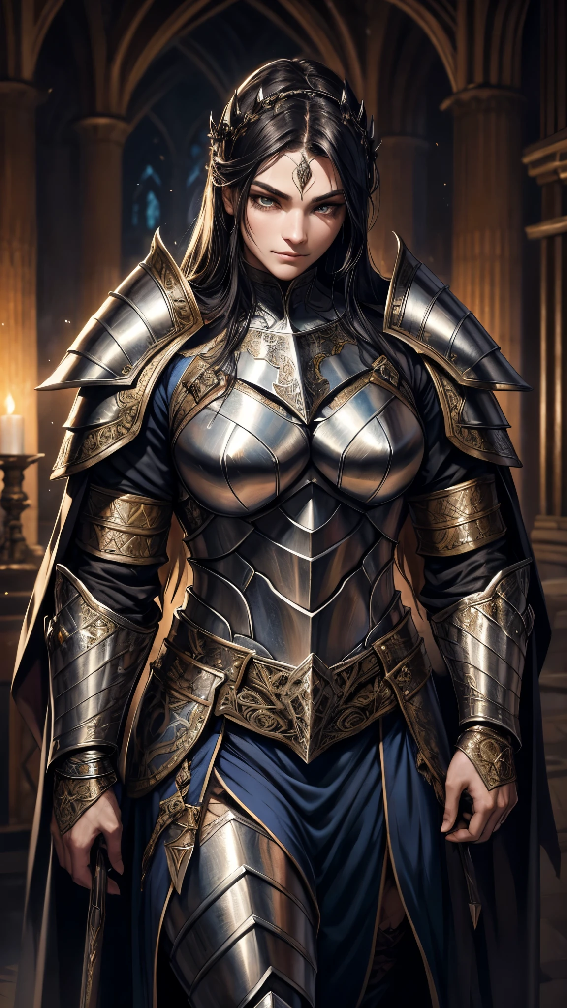 medieval epic fantasy armor, thick sturdy metal plates, gothic details, intricate engravings, magical glowing effects, unique textures, battle-worn, luxurious fabrics, decorative accessories