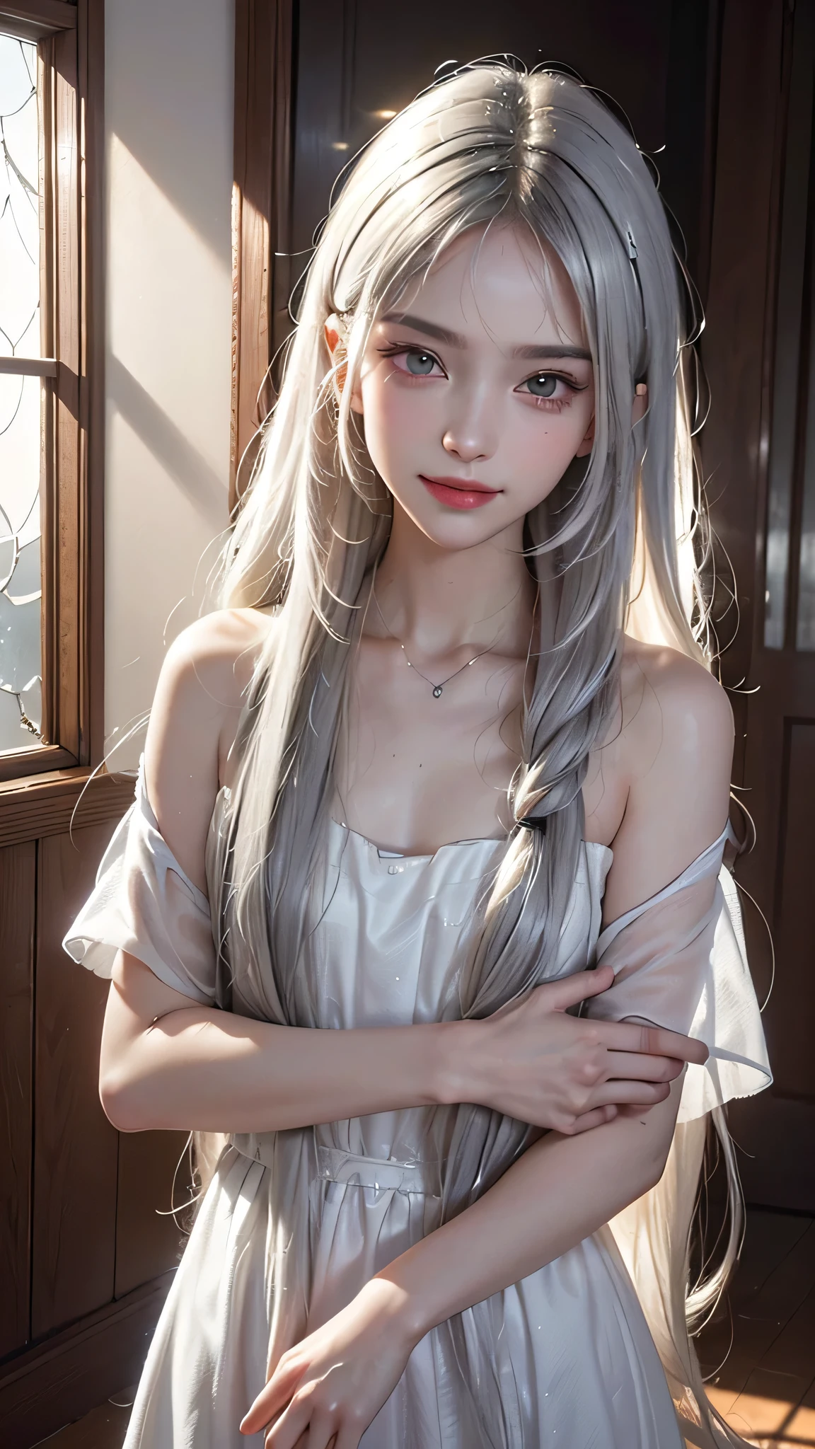(8k, born, realistic: 1.25), ((striped white hairs)))))), (Thin lip gloss, thin eyebrows, eyelash, tear bag, sharp bangs, shiny face, shiny skin, highest quality, ultra high resolution, Depth of the bounds written, chromatic aberration, caustics, wide lighting, natural shading, K-POPアイドル) Glasses, Calm, Collect a strand of hair with your hand, long hair, smile, Small devil, inside the house