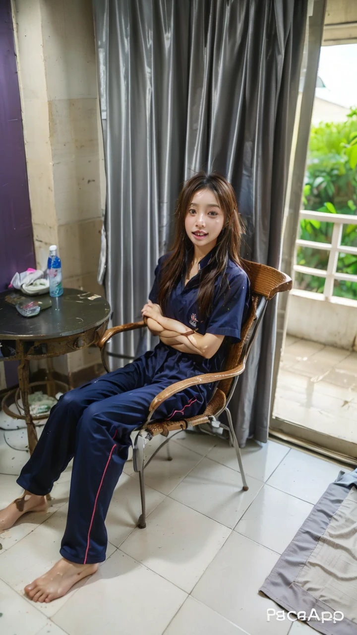 Songkran, wet street , A very realistic girl, wet soaked, drop, wet clothes, wet skin, wet hair, 8k, Masterpiece, realistic, beautiful,purple efficiency,Navy trousers,wet:1.5,dirty white powder, ช่วยตัวเอง, อารมณ์ทางเพศ, เอามือล้วงเป้ากางเกง, กางเกงวอร์ม