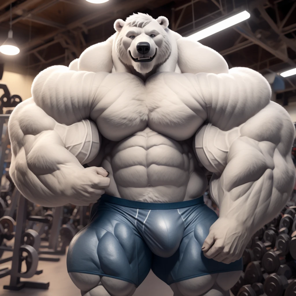 solo, 1boy, perfect anatomy, (furry white bears, polar bear) perfect proportion, snow, grin, big eyes, wide chest, bulky, bulk, bulge, happy. Huge Muscular Old man with short hair flexing his huge body,(white shorts), view from side, pectoral, thick arms, huge pectoral, wide pectoral, white hair, white beards, gym background, masterpiece, semirealistic:1.2, high detailed, 8k, high resolution, perfect center, full view. ((really big muscle, massive muscular, sixpack, thick arms, wide pectoral, super huge muscle, hyper muscular, over sized muscle, huge arms, big arms, huge pectoral))