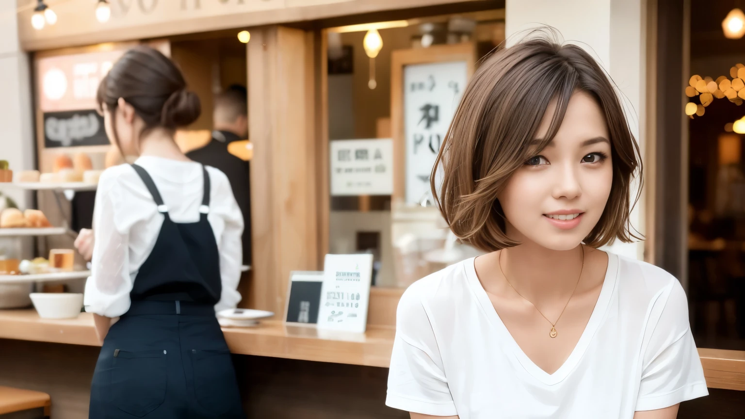 super high quality, Short Hair, Slender, Gravure photoshoot, The staff is working at the counter in the back., (8K、RAW Photos、Highest quality、masterpiece:1.2), Japanese Idol, Stylish café, The cafe is crowded with people enjoying themselves., (Realistic、Photorealistic:1.37), Bob Hair, Mesh Hair, Urban Cafe, Golden Ratio, Raw photo, Cute face , Light Brown Hair, Small breasts, Bright cafe interior, Spring Clothes, Cafe Terrace, Open Cafe, A kind smile, Hair blowing in the wind, Neat clothes, boyish, T-Shirts, 18-year-old, younger sister, Stylish clothes, 
