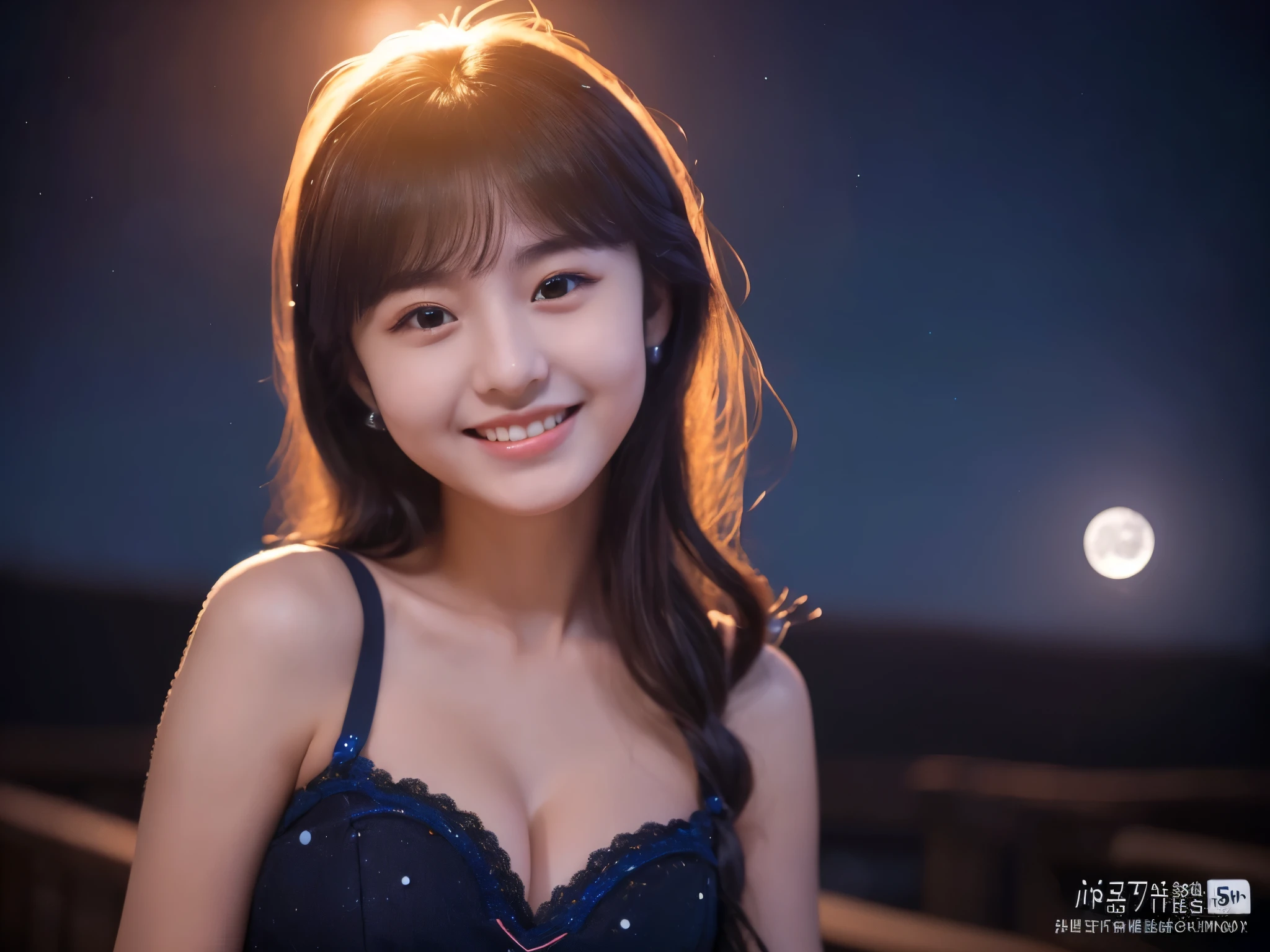 (((A very beautiful full moon night sky)))、((An 18-year-old girl with a very cute face like an idol))、Smiling Kindly、Cleavage、(Cinema lighting)、Artistry、(Facial and body depictions that are indistinguishable from real life)、masterpiece