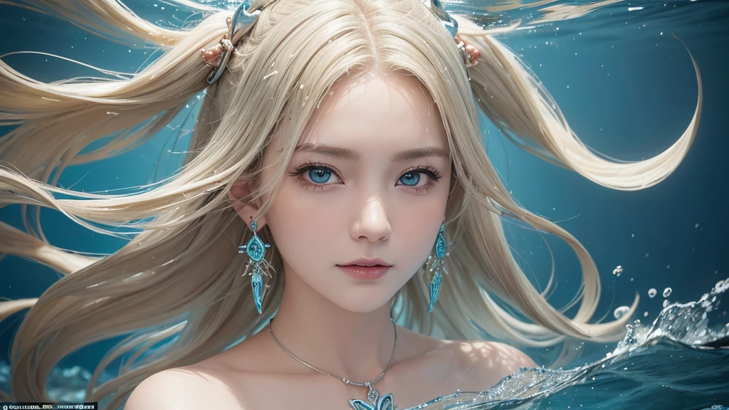 （Highest Quality Realistic Textured Skin),(terrible),(OK, round, Symmetrical eyes),Delicate facial features,(Burning bright cold eyes),(She has a mischievous smile),(Her face is kind and beautiful),Glass earrings in the ears,,(blonde),(Silvery white hair),(Chestnut Hair),(Swim at the bottom of the ocean)，(Full body portrait:1.5),(Dramatic Photos:1.4),(Dramatic Pose),(Flashy photos)(look up),(Looking down),(Around her neck is a simple necklace made with exquisite craftsmanship.),Cluttered photos，(Hair flowing in water:1.5),(Underwater, Life at sea, 美しいCoral Reef, fish),(Background vortices and currents),(Dramatic Light),(Nice views),(美しいfishに囲まれて),遠くの背景にはCoral Reefに沈んだ寺院が見える,Coral Reef,Spectacular realism,Cinematic atmosphere,(High-density image review:1.5),(Soft colors:1.2),Very detailed,Dramatic Light,(Intricate details:1.1),Complex background,