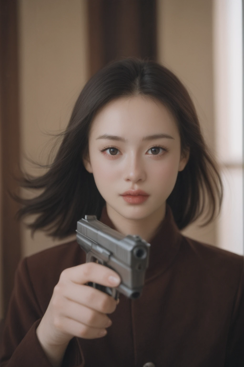 score_9, score_8_up, score_7_up, 
The image captures a scene in a subterranean crystal palace, where a sexy Asian young woman is holding a handgun. The atmosphere is contemplative, with a mysterious mood enhanced by the setting. In the background, a beast or monster is featured, with a headshot and slashing talons adding to the intensity. The woman’s windswept hair and the film grain texture, combined with an analog photography aesthetic, contribute to the visual storytelling. The dynamic composition is engaging, with the woman looking directly at the viewer, creating a sense of eye contact and involvement.