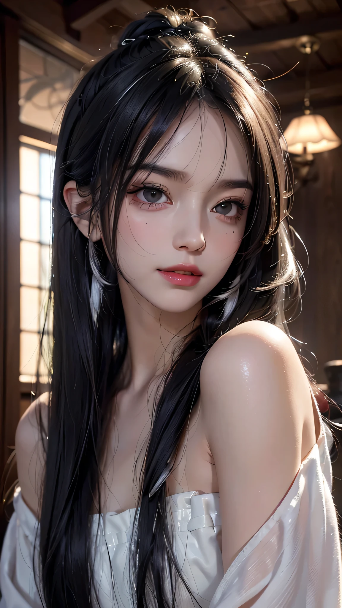 (8k, born, realistic: 1.25), ((striped white hairs)))))), (Thin lip gloss, thin eyebrows, eyelash, tear bag, sharp bangs, shiny face, shiny skin, highest quality, ultra high resolution, Depth of the bounds written, chromatic aberration, caustics, wide lighting, natural shading, K-POPアイドル) Glasses, Calm, Collect a strand of hair with your hand, long hair, smile, Small devil, inside the house