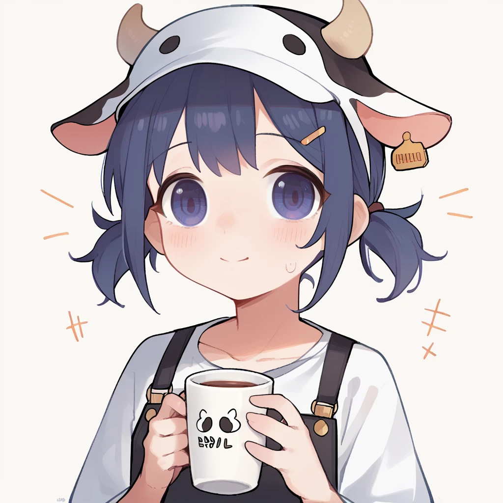 "cute, cute,1 girl, short twin tails, redheadwear, purples eyes,  cow motif、Her clothes are cute and soft., Comes with hair clips and other accessories. cow print clothes、J cup、Cow horns grow、solid color background