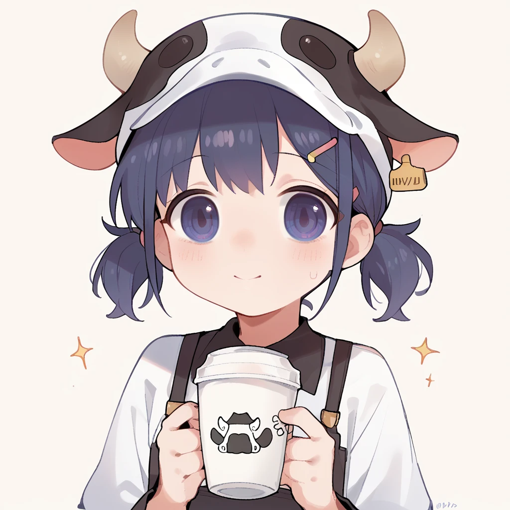 "cute, cute,1 girl, short twin tails, redheadwear, purples eyes,  cow motif、Her clothes are cute and soft., Comes with hair clips and other accessories. cow print clothes、J cup、Cow horns grow、solid color background