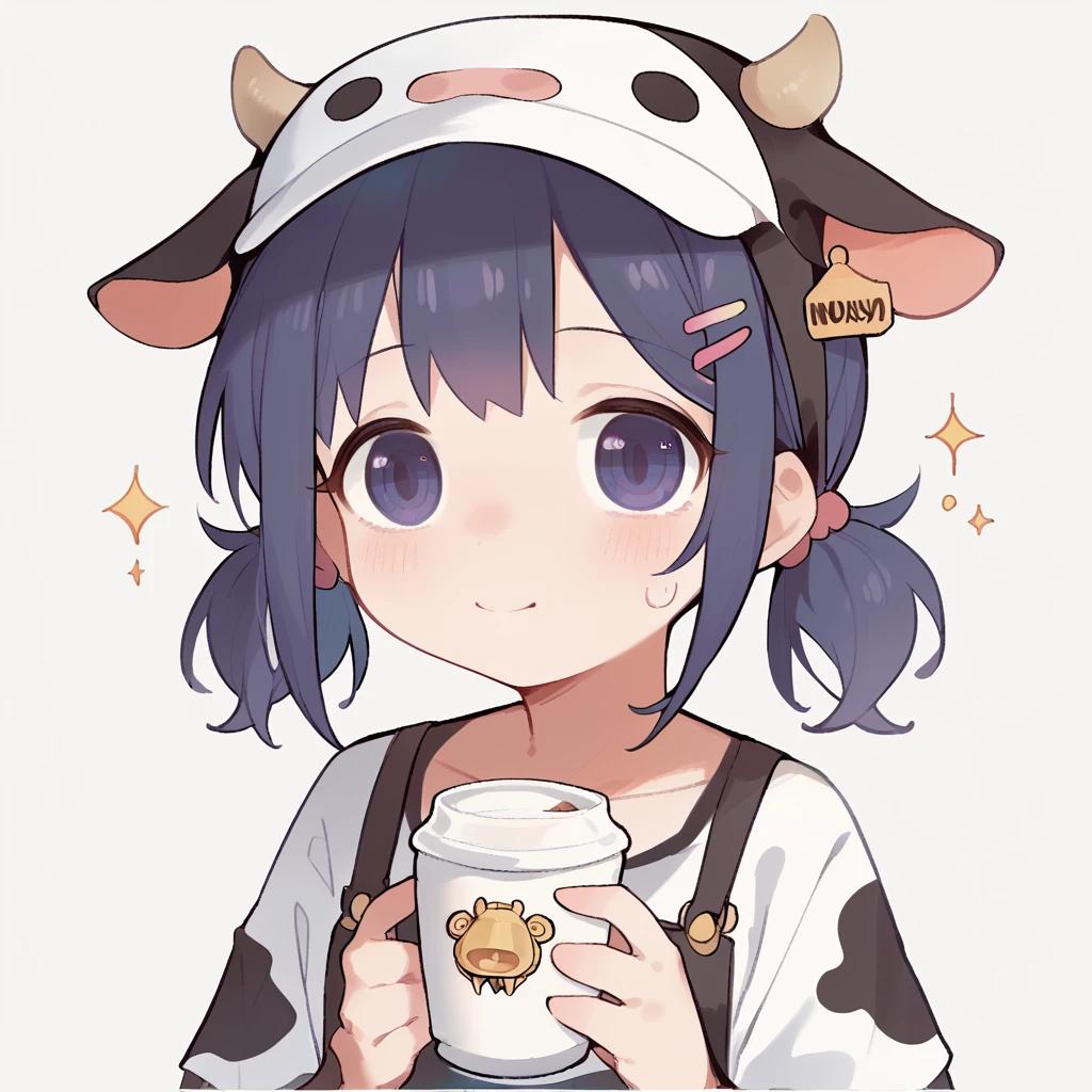 "cute, cute,1 girl, short twin tails, redheadwear, purples eyes,  cow motif、Her clothes are cute and soft., Comes with hair clips and other accessories. cow print clothes、J cup、Cow horns grow、solid color background