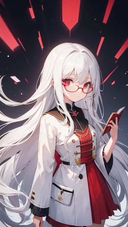 Super delicate white-haired cute girl 1 girl, Small Breasts, Long hair, curls, Red Eye, Wearing glasses , Researcher ,taking notes