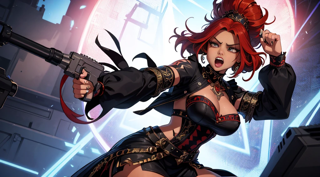 A fiercely passionate Heavy Metal vocalist, this strikingly beautiful Black woman exudes strength and rebellion as she performs on stage with her band. The imagery captures her fiery persona with vibrant red hair, piercing silver piercings, and intricate tattoos that tell a story of resistance. The image is a digitally-enhanced photograph, showcasing her raw energy and empowering presence. Every detail, from the intricate costume to the intense expression on her face, is meticulously rendered in high definition, drawing viewers into the intense performance of a song of social revolution.