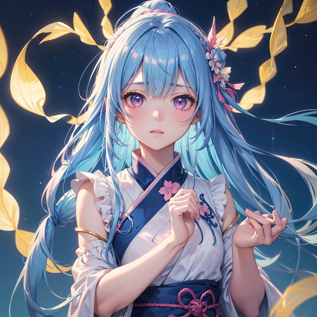 Sky blue hair, One braided ponytail,(Pink Eyes),Fair skin ,(whole body),(One girl),Hanfu,Tanabata,(The beautiful, sparkling Milky Way in the night sky),Lonely Eyes,Straight bangs,(masterpiece, Highest quality, Very detailed, Best Shadow), (Detailed Background), (Beautifully detailed face), High Contrast, (Best lighting, Very delicate and beautiful), ((Cinematic Light)), colorful, Hyper Detail, Dramatic Light, Intricate details,