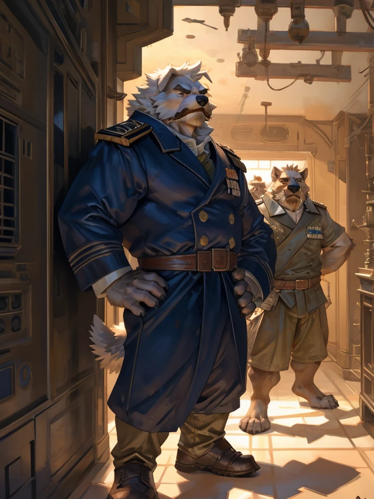 By Taran Fiddler, one man, anthro canine (maltese), adult male, bushy eyebrows, stern facial expression, grumpy, bushy mustache, slightly short stature, dilf, hands on his hips. standing in a hallway, wearing ship uniform, leaning against wall, oil rig, inside