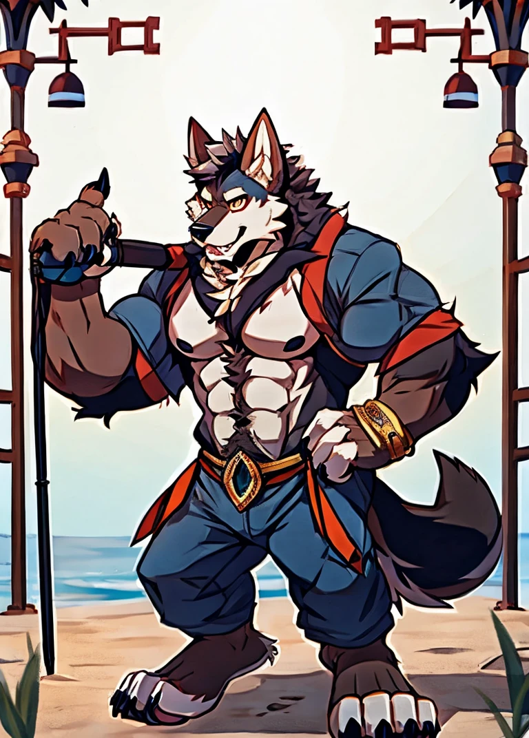 Human-wolf,musculous,Hairy all over,clawed paws,erect through