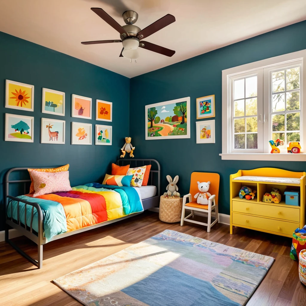 inside of a s toyroom, there is a bed with a colorful comforter, painted walls iron bark, radiant morning light, a picture on a nightstand