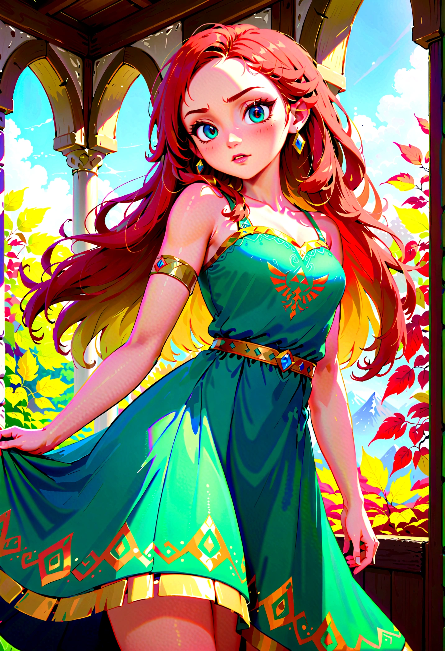 In a captivating scene, a timeless beauty emerges, embodying the legendary Milf style of the beloved game, The Legend of Zelda. Her raven hair cascades down to her waist, framing her captivating face, adorned with a subtle blush and bright, enchanting eyes. Her iconic green garb is intricately detailed, accentuating her perfect figure with medium breasts and perfect hands. The background is a lush, enchanted forest, with the soft glow of an evening sun casting a warm hue over the scene. The image is enhanced with a radiant aura, symbolizing her powerful and enchanting presence in this anime-inspired