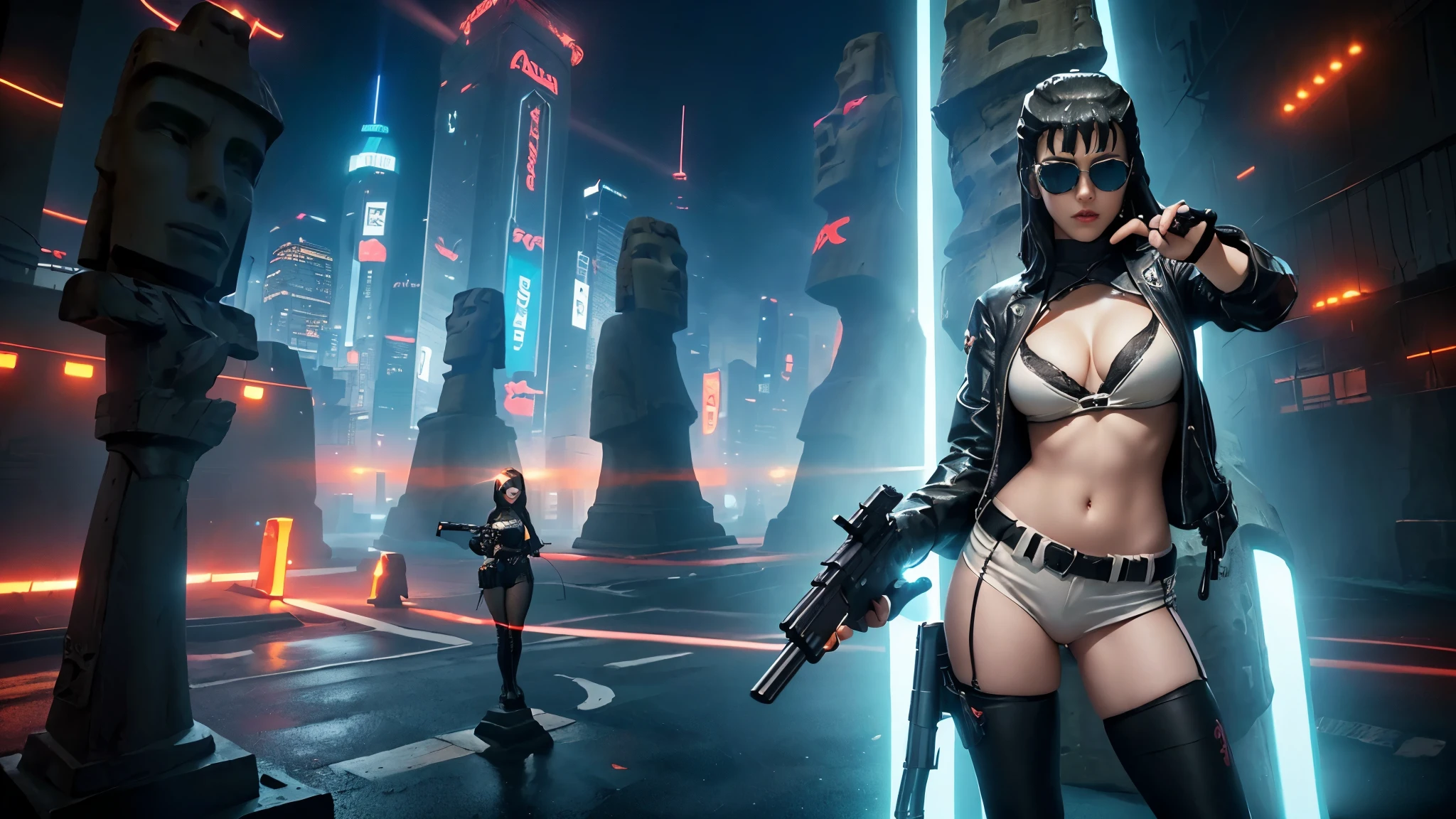 At night, dark sky, aerial view of fantasy cyberpunk style ((Moai-statue)) city, ((flying vehicle)). ((1girl, solo, alone)), photo realistic, medium-breast:1.1 slim body, cleavage, sexy clothes, (black sunglasses), (((hip-up standing and pistol aiming pose))), half-body thigh level medium shot, cinematic lighting.
