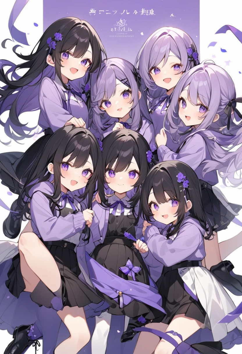 Keito。Purple hoodie。Black Skirt。Purple Eyes。Black Hair。Black shoes下。Black shoes。6 sistery eldest daughter has lavender hair.。all female。Sextuplets