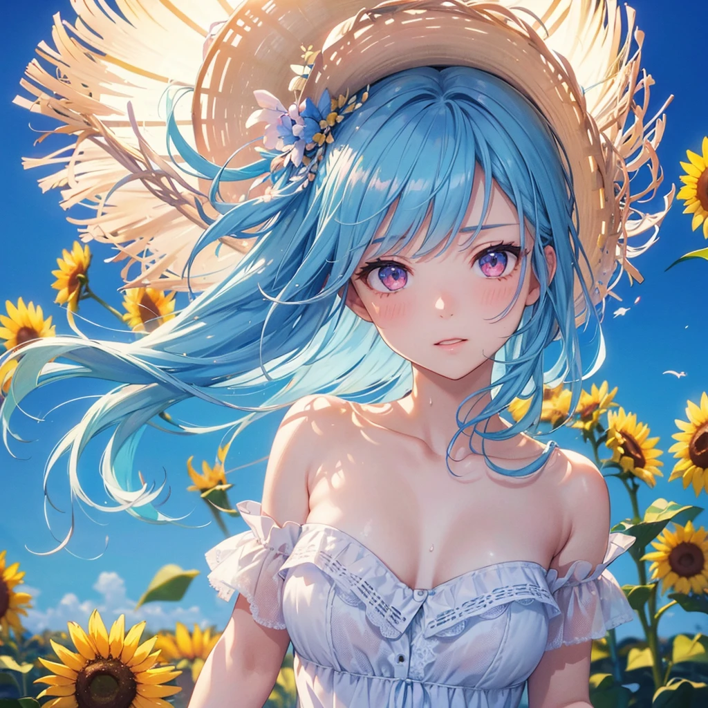 ((top-quality)), ((​masterpiece)), ((ultra-detailliert)), (extremely delicate and beautiful), beautiful woman, bright light blue hair, long wavy hair, sapphire blue eyes, sunhat, sheer white ????????, summer background, sunflowers in the background, sweet smile, relaxed expression, fair complexion, delicate white flowers on sunhat