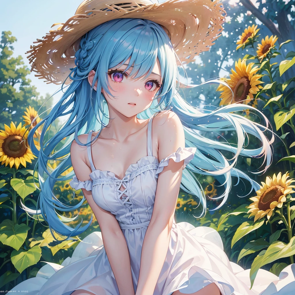 Sky blue hair, Braided Ponytail,(Pink Eyes),Fair skin ,(whole body),(One girl),summer,Sunflower field,White dress,Straight bangs,Wiping away sweat,Wink,Straw hat,(masterpiece, Highest quality, Very detailed, Best Shadow), (Detailed Background), (Beautifully detailed face), High Contrast, (Best lighting, Very delicate and beautiful), ((Cinematic Light)), colorful, Hyper Detail, Dramatic Light, Intricate details,summerの暑い日差し,