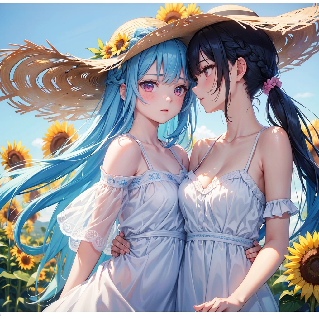 Sky blue hair, One braided ponytail,(Pink Eyes),Fair skin ,(whole body),(One girl),summer,Sunflower field,White dress,Straight bangs,Wiping away sweat,Wink,Straw hat,(masterpiece, Highest quality, Very detailed, Best Shadow), (Detailed Background), (Beautifully detailed face), High Contrast, (Best lighting, Very delicate and beautiful), ((Cinematic Light)), colorful, Hyper Detail, Dramatic Light, Intricate details,summerの暑い日差し,