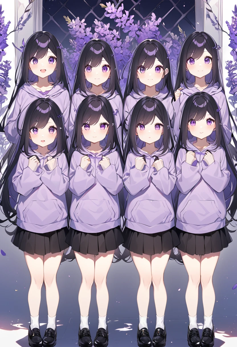 Keito。Purple hoodie。Black Skirt。Purple Eyes。Black Hair。Black shoes下。Black shoes。6 sistery eldest daughter has lavender hair.。all female。tuplets