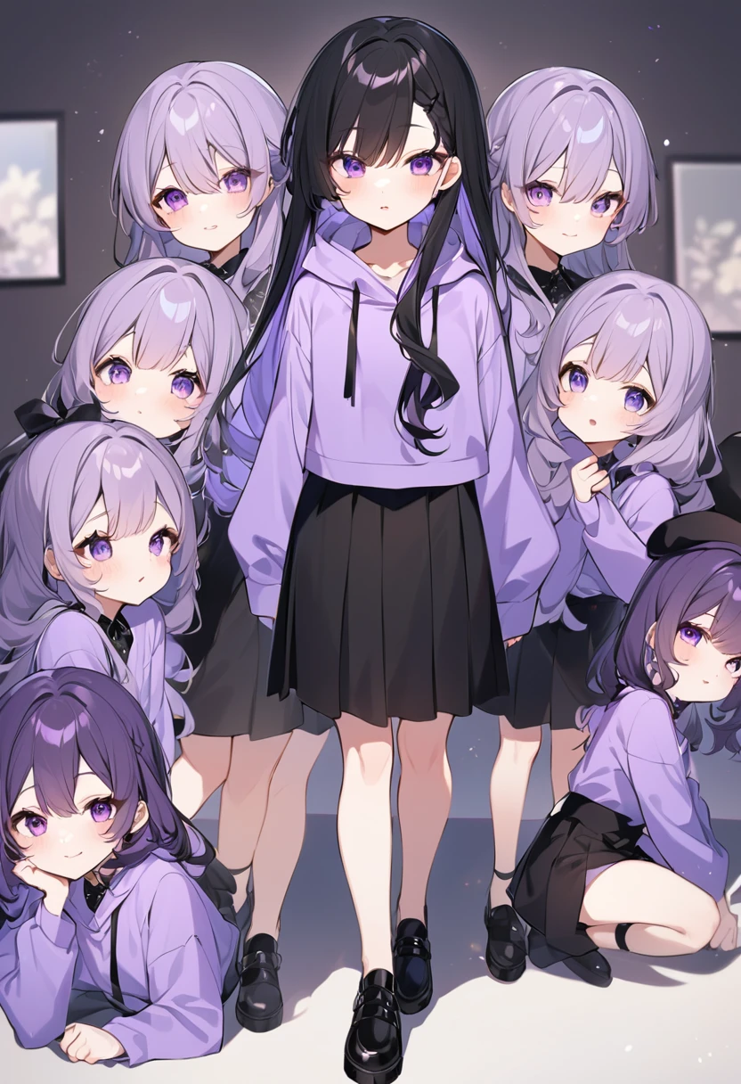Keito。Purple hoodie。Black Skirt。Purple Eyes。Black Hair。Black shoes下。Black shoes。6 sistery eldest daughter has lavender hair.。all female。Sextuplets