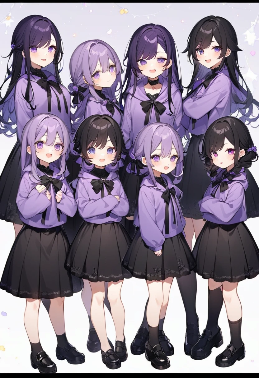 Keito。Purple hoodie。Black Skirt。Purple Eyes。Black Hair。Black shoes下。Black shoes。6 sistery eldest daughter has lavender hair.。all female。Sextuplets