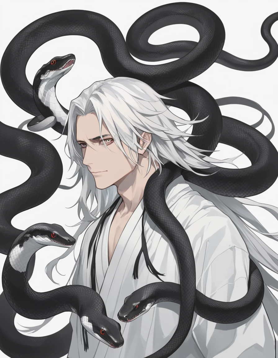 A man with long white hair hovering over two black and white snakes.
