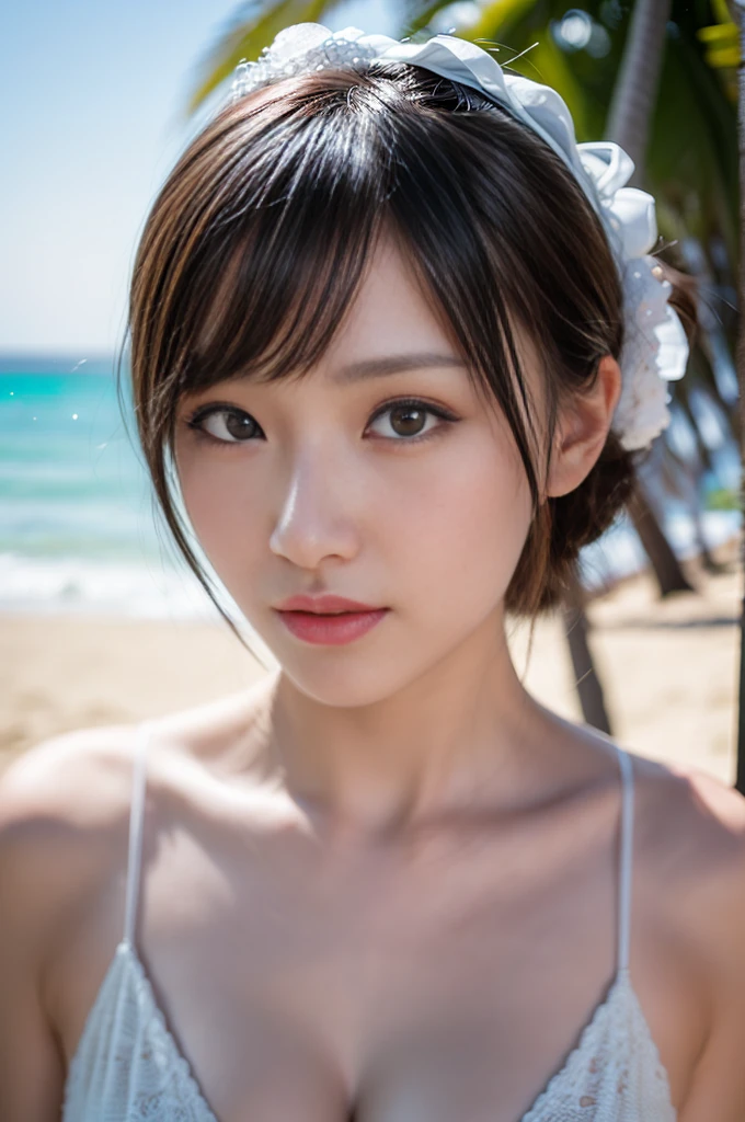 ((Highest quality)),((8K、32k)),(Genuine)、(detailed)、((Beach))、((Bust up shot))、((face closeup))、(White skin)、(Big Breasts)、The best balance between face and shoulder width、Micro Bikini、Shiny Hair、Short Bob、Glowing Skin、Japanese、beauty、Looking into the camera、Thick lips、kawaii、Hehehe:1.2、Shot with a film camera、RAW shooting、#24、Genuine、フォトGenuine:1.4、Photon Mapping、Physically Based Rendering、Perfect Anatomy、detailedなデコルテ、detailedな目、detailedな二重、detailedな咬筋、detailedな鎖骨、Perfect Fingers、Finger Description、(品質 8K)、((White skin))、Avoid mascara、Hair with movement、detailedな毛穴、Natural light、detailedな描写、Blushing、Fine pores、Perfect cleavage、masterpiece、Blushing、detailedな腹筋、sexy、detailedな脇の下、(slender)、(Upper Body)、detailedな目元、1 person、