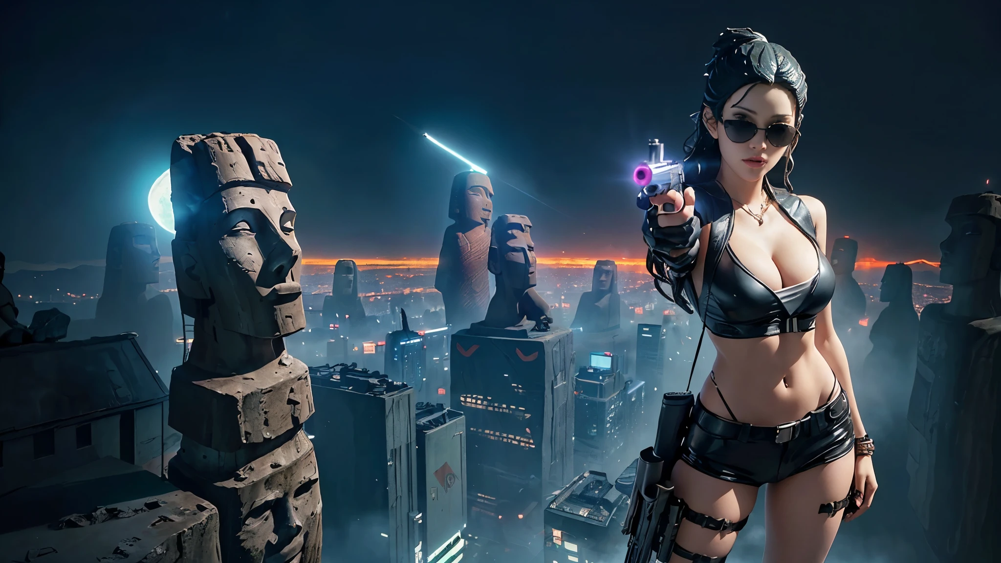 At night, dark sky, aerial view of fantasy cyberpunk style ((Moai-statue)) city, ((flying vehicle)). ((1girl, solo, alone)), photo realistic, medium-breast:1.1 slim body, cleavage, sexy clothes, (black sunglasses), (((hip-up standing and pistol aiming pose))), half-body thigh level medium shot, cinematic lighting.