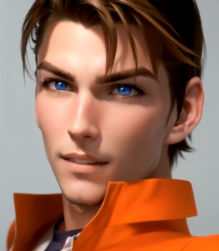 he's Italian, brown hair, deep blue eyes, (eyes turned to look at the camera), italian, as a character in Out Run 2, of SEGA, 3D CG from the 2000s, Alberto, 2k, 2 k, ((curious, happy face)), gray background, realistic, render of april, fighting game character, from tekken, bright clean face, from devil may cry, orange shirt, wide open curious eyes, cool pose