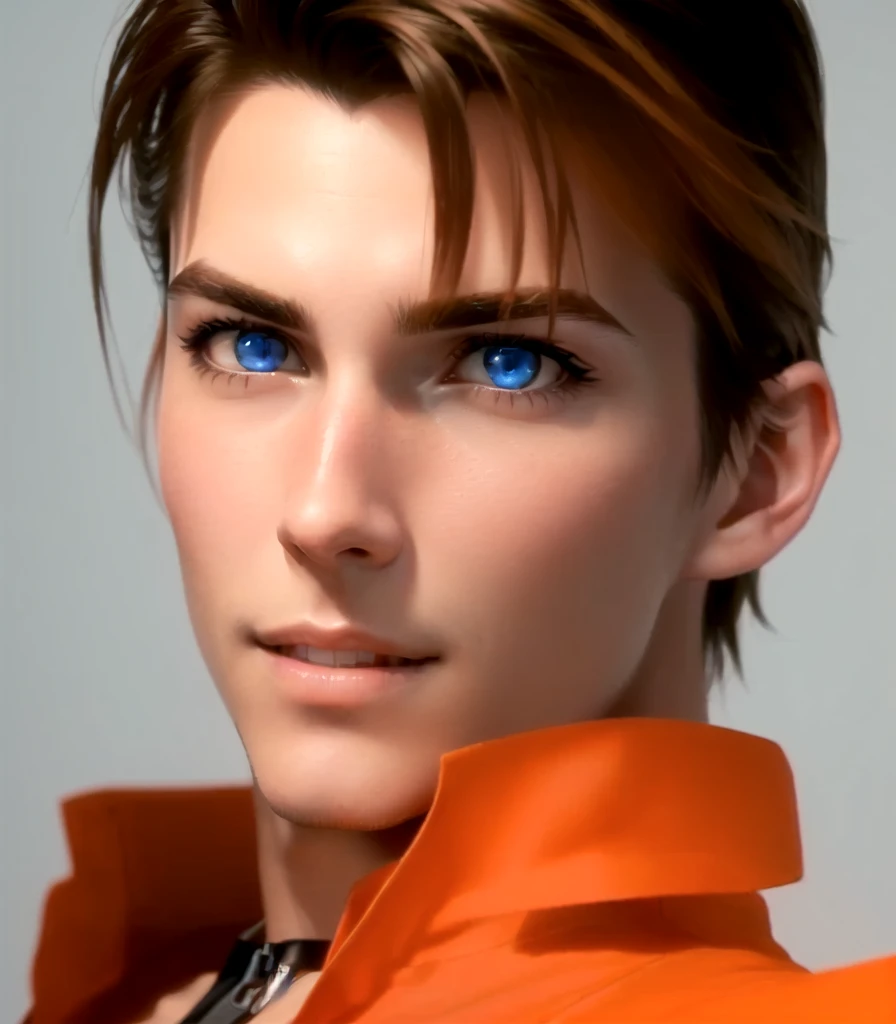 he's Italian, brown hair, deep blue eyes, (eyes turned to look at the camera), italian, as a character in Out Run 2, of SEGA, 3D CG from the 2000s, Alberto, 2k, 2 k, ((curious, happy face)), gray background, realistic, render of april, fighting game character, from tekken, bright clean face, from devil may cry, orange shirt, wide open curious eyes, cool pose