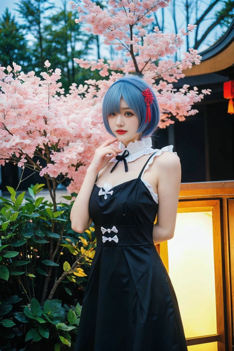 best quality, tmasterpiece,Ultra-high resolution,Clear face,(Reality:1.4),ferpect lighting,(upper body:1.3), (photorealistic:1.50), anime wallpaper, Guviz style artwork, cover-up fantasy up to magic , by Yang J, Guviz, beautiful artwork illustration, beautiful digital artwork, beautiful digital illustration, Li Song, beautiful anime portrait, art style in Beauvot, black nightgown, see-through, yinziping,1girl, 独奏, (blue hair:1.5), short hair, hair ornament, hair ribbon, anklet, dress, black hair, standing, (Chinese dress:1.3), black dress, Hanfu, cheongsam, outdoor, Trees, cherry blossoms falling,