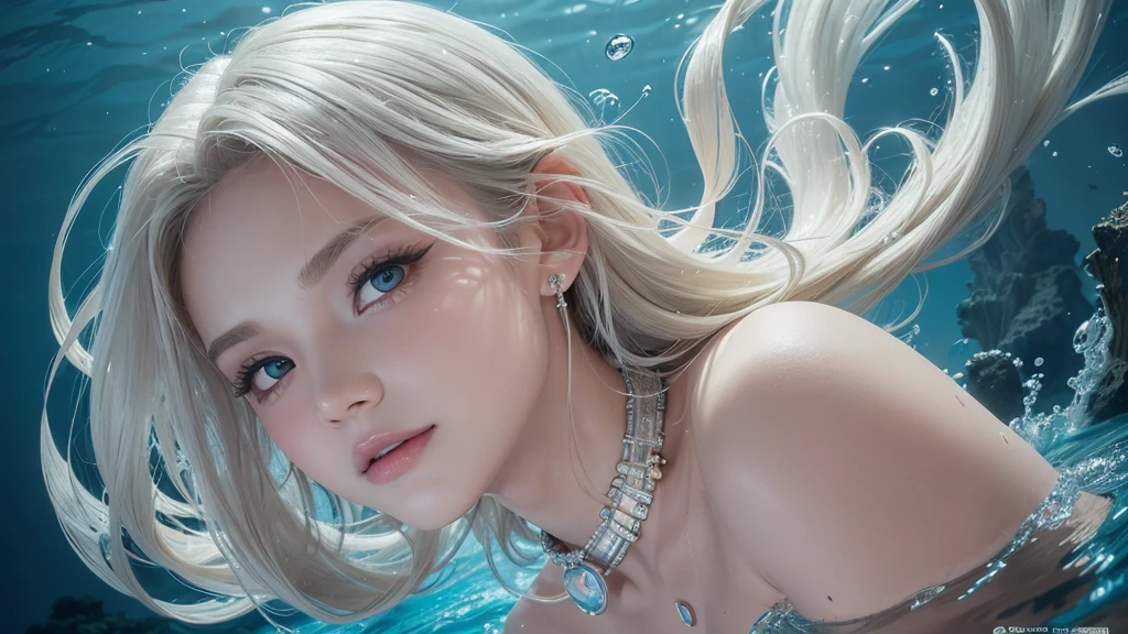 （Highest Quality Realistic Textured Skin),(terrible),(OK, round, Symmetrical eyes),Delicate facial features,(Burning bright cold eyes),(She has a mischievous smile),(Her face is kind and beautiful),Glass earrings in the ears,,(blonde),(Silvery white hair),(Chestnut Hair),(Swim at the bottom of the ocean)，(Full body portrait:1.5),(Dramatic Photos:1.4),(Dramatic Pose),(Flashy photos)(look up),(Looking down),(Around her neck is a simple necklace made with exquisite craftsmanship.),Cluttered photos，(Hair flowing in water:1.5),(Underwater, Life at sea, 美しいCoral Reef, fish),(Background vortices and currents),(Dramatic Light),(Nice views),(美しいfishに囲まれて),遠くの背景にはCoral Reefに沈んだ寺院が見える,Coral Reef,Spectacular realism,Cinematic atmosphere,(High-density image review:1.5),(Soft colors:1.2),Very detailed,Dramatic Light,(Intricate details:1.1),Complex background,