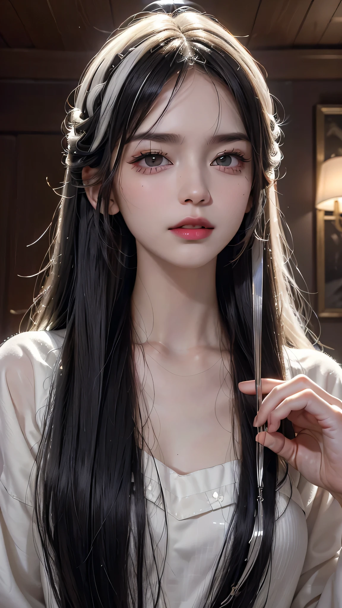 (8k, born, realistic: 1.25), ((striped white hairs)))))), (Thin lip gloss, thin eyebrows, eyelash, tear bag, sharp bangs, shiny face, shiny skin, highest quality, ultra high resolution, Depth of the bounds written, chromatic aberration, caustics, wide lighting, natural shading, K-POPアイドル) Glasses, Calm, Collect a strand of hair with your hand, long hair, smile, Small devil, inside the house
