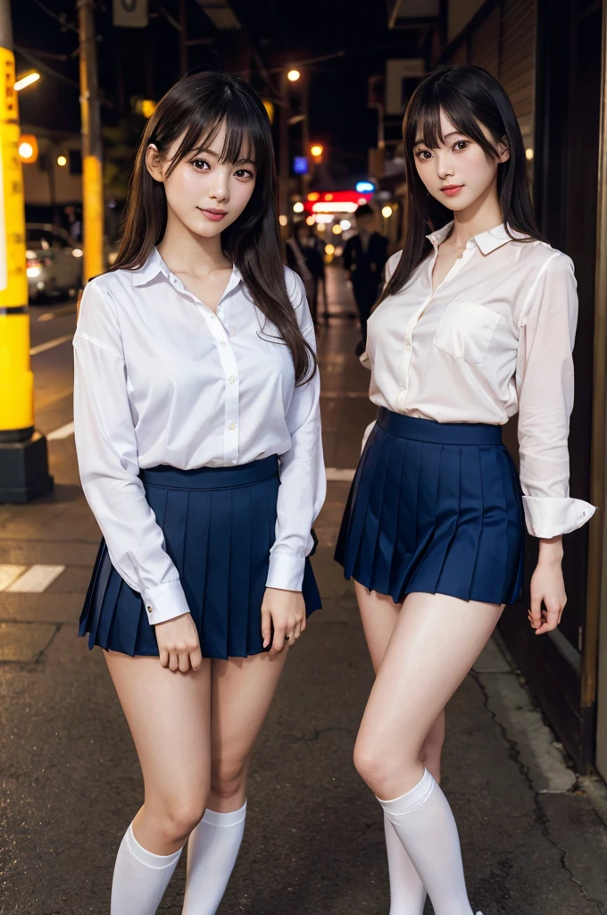 Mastepiece, Best Quality, (highest quality、8K、masterpiece:1.3)、Ultra-high resolution、Physically Based Rendering、(Photorealistic:1.37)、Beautiful woman with perfect body:1.4、Slim abdomen:1.2、Highly detailed face and skin texture、 Red Cheeks、White skin、Narrow waist,Thin legs、highest quality,Very beautiful woman, (cute:1.2),Perfect Glowing Skin,(short hair),(((Full nudity)))、(((Upper body nude)))、(((Pleated mini skirt)))、((A bow tie))、((garter belt))、((Two smiling female students commuting to school))、((Wet body))