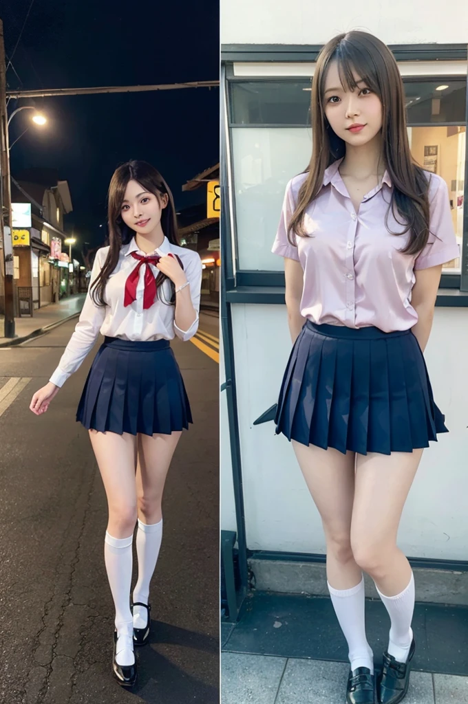 best quality, masterpiece, ultra high res, (photorealistic:1.4), RAW photo、high-angle shot、Center view、Two arafe asian women in satin shimmies standing on neon street in the middle of the night、Phenomenally cute girl、japanaese girl、Wearing a lace slip shimmy、a hyperrealistic 、a hyperrealistic 、 Pose、full body Esbian、Nice skin、glistning skin、lovely thighs、glowing thigh、shining legs、Black high socks above the knee、High School in Japan 、Nogizaka Idol、Korean Idol、Invite you inside、Inviting eyes, (Schoolwear:1.2),(Blouse:1.2),Pleated skirt with many folds
