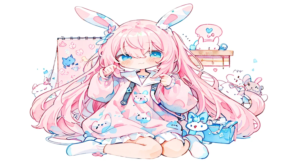 (Pastelcolors:1.5)、(Cute illustrations:1.5)、(Watercolor:1.2)、(1 girl:1.0)、Hair between the eyes、(color: 1.5), (Cute illustrations: 1.5), (Watercolor: 1.2), (1 girl: 1.0), (1 girl: 1.2), Hair between the eyes, White background, (color: 1.5), (Cute illustrations: 1.5), (Watercolor: 1.2), (1 girl: 1.0), (1 girl: 1.2), Hair between the eyes, White background, girl, Full body espion, Bunny Girl, Rabbit tail, Tutu design, Design full of rabbit atmosphere, style, Double layer light pink dress, shining heart, Shake your hair, calm、Kawaii、White Python Sweatshirt, Rabbit ears、Light pink hair, Rabbit element、Like a VTuber、wallpaper,