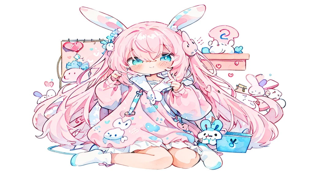 (Pastelcolors:1.5)、(Cute illustrations:1.5)、(Watercolor:1.2)、(1 girl:1.0)、Hair between the eyes、(color: 1.5), (Cute illustrations: 1.5), (Watercolor: 1.2), (1 girl: 1.0), (1 girl: 1.2), Hair between the eyes, White background, (color: 1.5), (Cute illustrations: 1.5), (Watercolor: 1.2), (1 girl: 1.0), (1 girl: 1.2), Hair between the eyes, White background, girl, Full body espion, Bunny Girl, Rabbit tail, Tutu design, Design full of rabbit atmosphere, style, Double layer light pink dress, shining heart, Shake your hair, calm、Kawaii、White Python Sweatshirt, Rabbit ears、Light pink hair, Rabbit element、Like a VTuber、wallpaper,