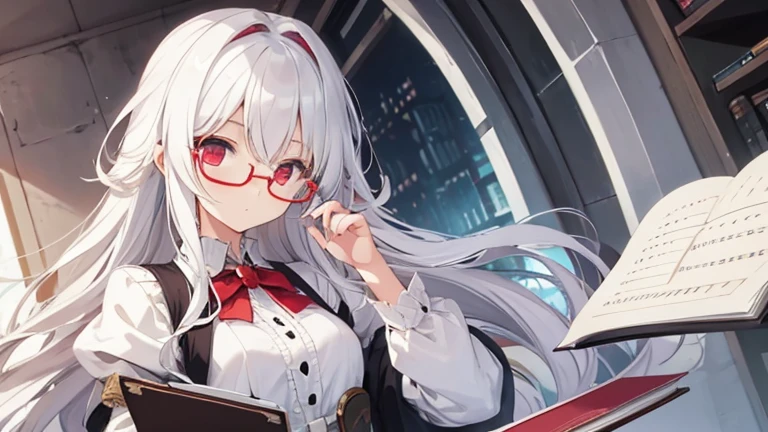 Super delicate white-haired cute girl 1 girl, Small Breasts, Long hair, curls, Red Eye, Wearing glasses , Researcher ,taking notes