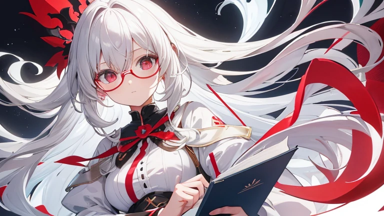 Super delicate white-haired cute girl 1 girl, Small Breasts, Long hair, curls, Red Eye, Wearing glasses , Researcher ,taking notes