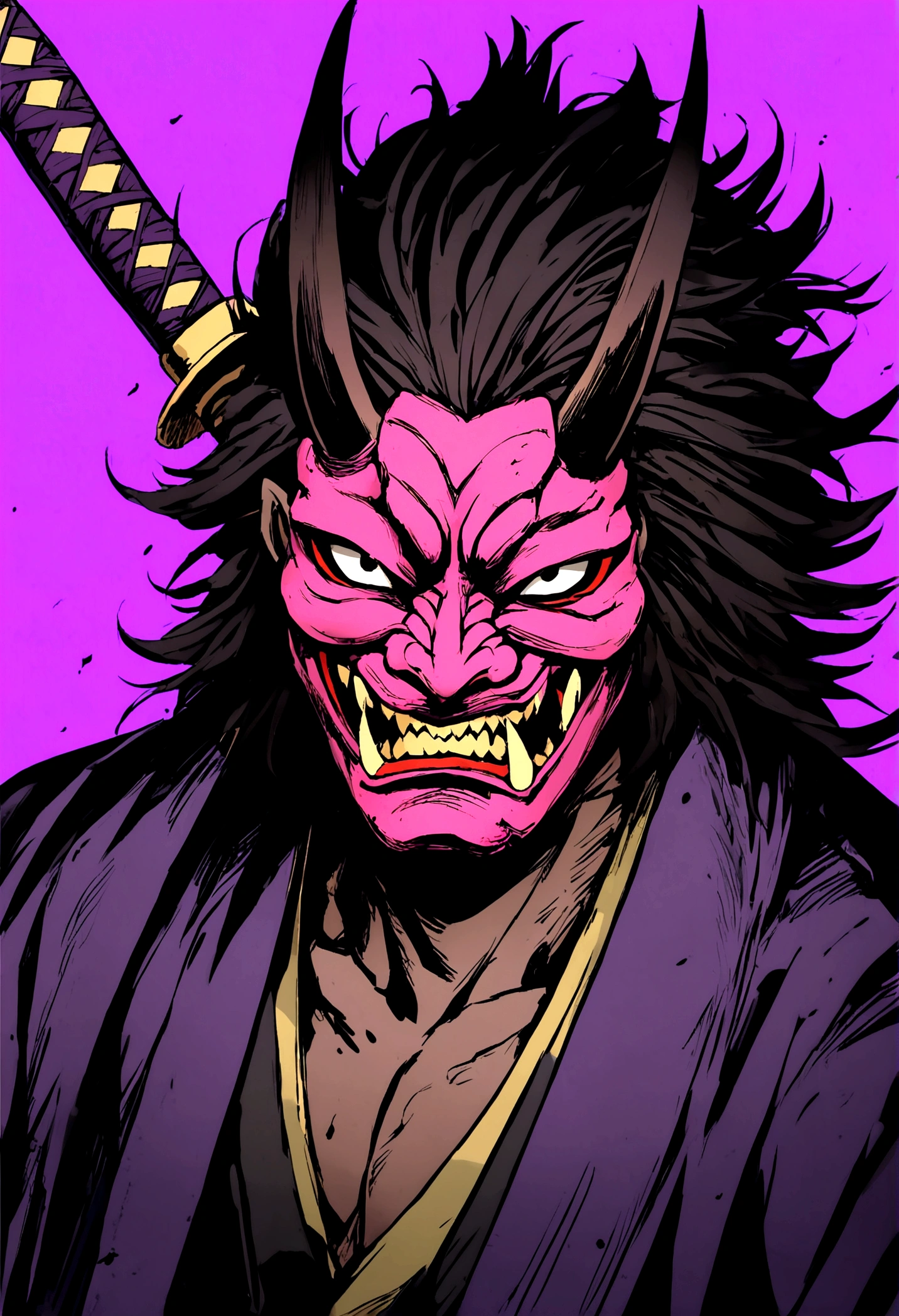 A boy black eye dark night purple background oni mask with purple jacket samurai style katana
