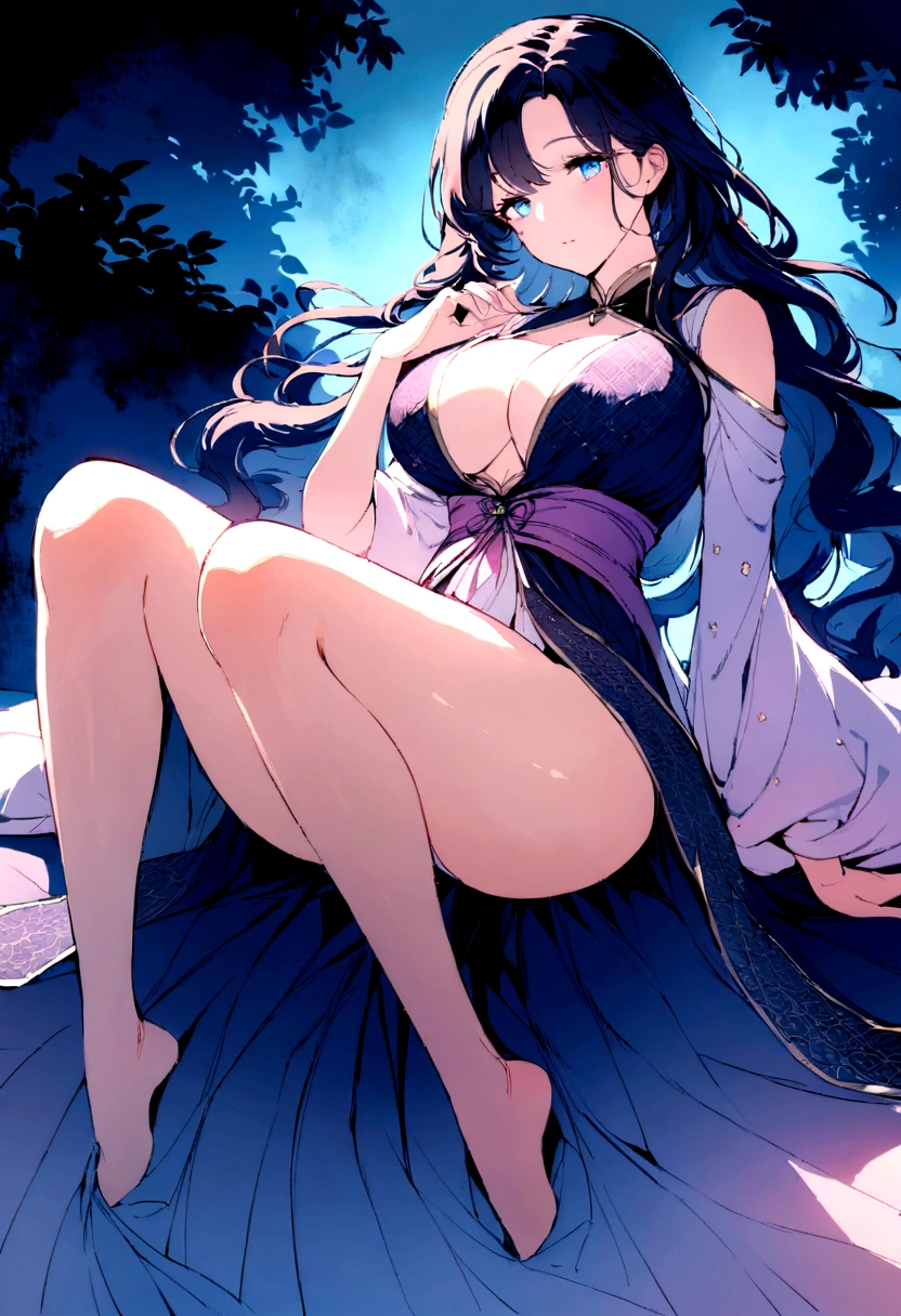 The painting depicts an attractive woman in a long flowing dress, Silk traditional oriental clothing, pink, decorated with intricate patterns and bright colors. Her skirt fell gracefully over her curvaceous figure, Highlight her sexy silhouette. She stood gracefully in the quiet moonlit night, Bathed in the soft moonlight. The scene exudes an ethereal and dreamy atmosphere, With a touch of mystery and sexiness. The graphic style is a blend of watercolor and digital illustration techniques，Create exquisite beauty and charm. The light is filled with soft moonlight, Casting soft highlights and shadows on her charming face. Bare thighs, Large Breasts, Three-dimensional facial features, sit, Upturned legs, Clear eyes